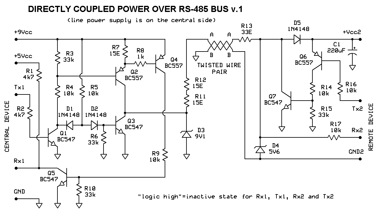 Circuit diagram of directly coupled 'power over RS-485' driver