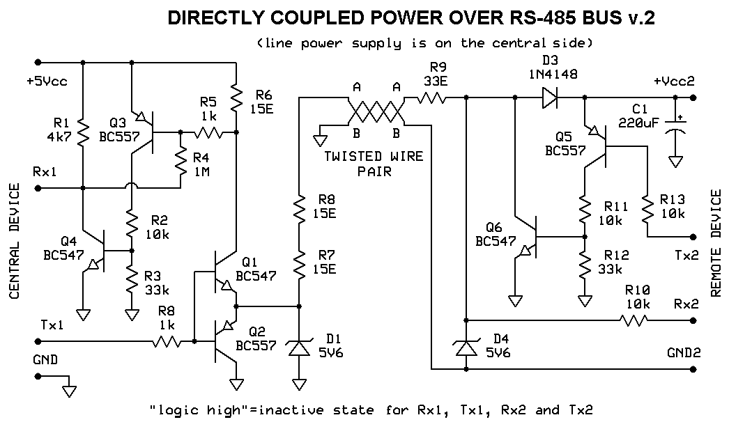 Circuit diagram of simplified directly coupled 'power over RS-485' driver