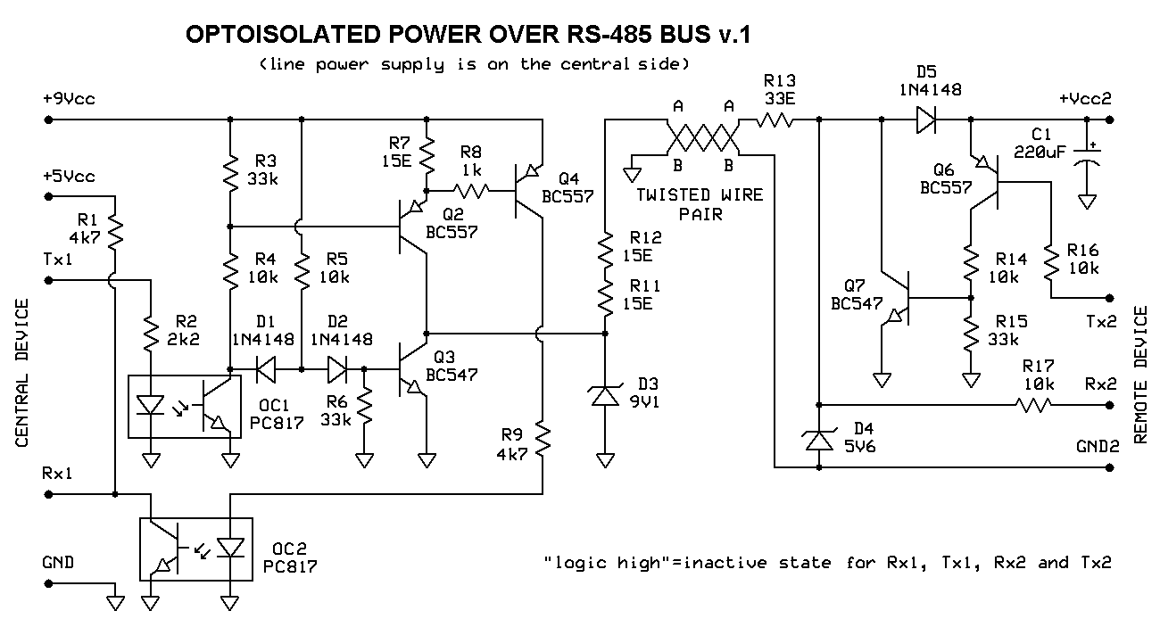 Circuit diagram of optically isolated 'power over RS-485' driver v.1